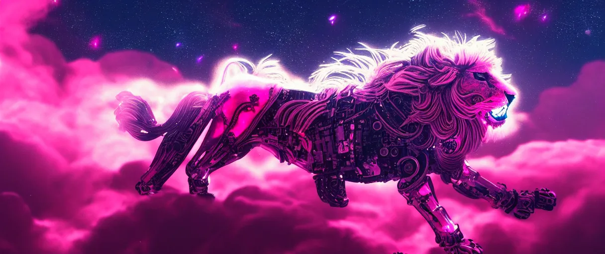Prompt: space, a mechanical lion with a pink neon mane, punk, hyperdetailed illustration, stars, pink, neon, oil painting, rich deep colors masterpiece, pirate neon ship, ultra detailed, contrast, heaven pink, clouds, volumetric light, atmospheric lighting, dramatic, cinematic, moody, octane render 4 k, 8 k