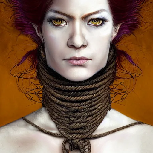 Image similar to portrait of a Shibari rope wrapped face and neck, headshot, insanely nice professional hair style, dramatic hair color, digital painting, of a old 15th century, old cyborg merchant, amber jewels, baroque, ornate clothing, scifi, realistic, hyperdetailed, chiaroscuro, concept art, art by Franz Hals and Jon Foster and Ayami Kojima and Amano and Karol Bak,