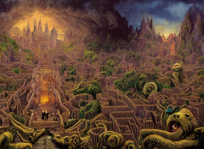 Image similar to jim henson's labyrinth an impossible maze filled with twisted turns a goblin city and a castle looming in the background by frank cowper, john singer sargent and delacroix style, artistic, intricate painting, cinematic lighting, hyper realistic, extremely detailed, vivid colors, establishing shot, dramatic lighting