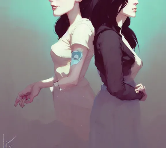 Image similar to portrait elza and anna by atey ghailan, by greg rutkowski, by greg tocchini, by james gilleard, by joe fenton, by kaethe butcher, dynamic lighting, gradient light blue, brown, blonde cream and white color scheme, grunge aesthetic