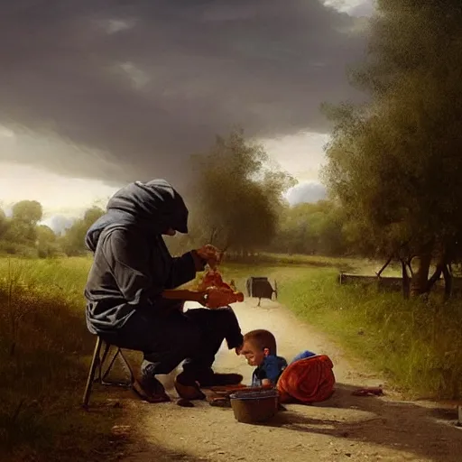 Image similar to painting of a man feeding a poor boy on a country road, surreal highly detailed, artstion greg rutkowski