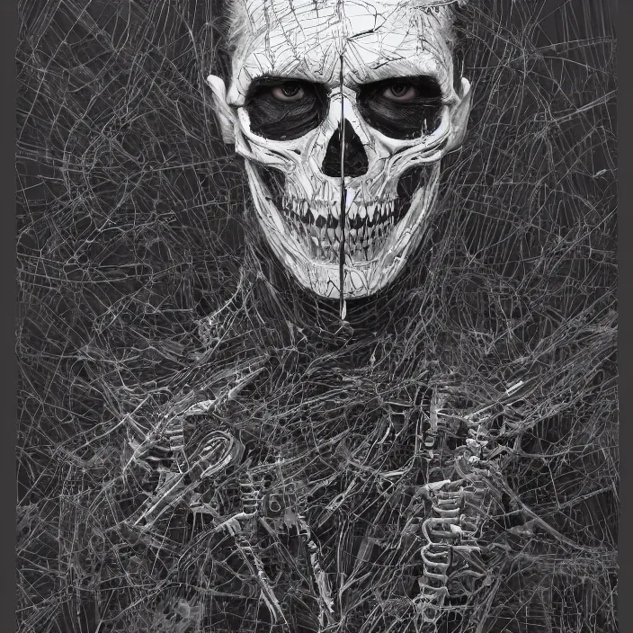 Image similar to portrait of Tom Hardy as a skeleton. intricate abstract. intricate artwork. nightmare fuel. by Tooth Wu, wlop, beeple, dan mumford. octane render, trending on artstation, greg rutkowski very coherent symmetrical artwork. cinematic, hyper realism, high detail, octane render, 8k, iridescent accents