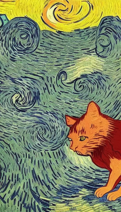 Prompt: onde cat walking on the mono killing the devil style van gogh