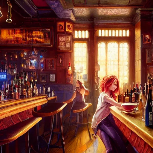 Image similar to highly detailed painting of a beautiful female drunk in a bar, stephen bliss, 8 k, unreal engine, by greg rutkowski, loish, rhads, artgerm, ferdinand knab, makoto shinkai and lois van baarle, ilya kuvshinov, rossdraws, tom bagshaw, global illumination, radiant light, detailed and intricate environment