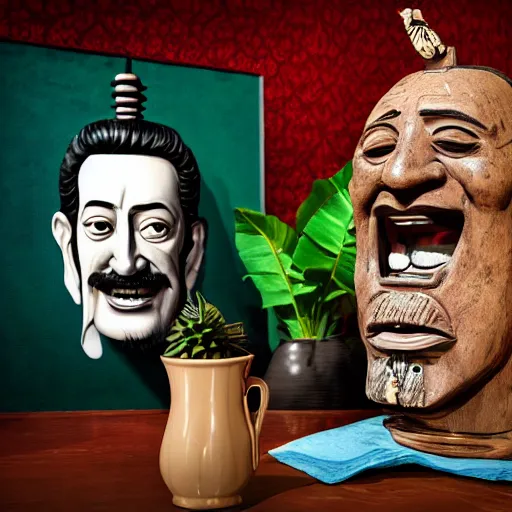 Image similar to a closeup photorealistic photograph of smiling salvador dali at trader vic's bar sitting next to a trader vic's style tiki mug featuring the face of salvador dali. tiki culture. bright scene. 4 k hd image that's trending on artstation, featured on behance, well rendered, extra crisp, features epic composition and the style of unreal engine.