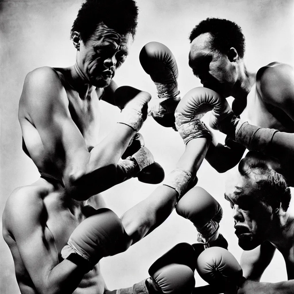 Prompt: award winning photo of CHARLES MINGUS BOXING CHET BAKER, vivid colors, VIOLENT, symmetrical face, beautiful eyes, studio lighting, wide shot art by Sally Mann & Arnold Newman