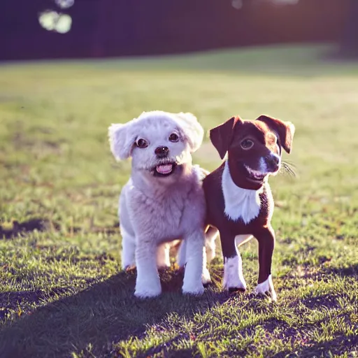 Prompt: cute photo of two silly happy little dogs one black and one brown, in the park, sunny morning, photorealistic, cute, highly detailed