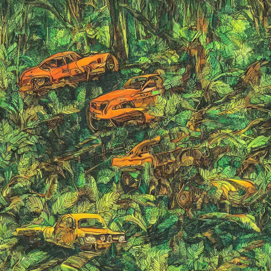 Prompt: Cover art for a song about an exhilarating roadtrip through dense forests and hills.