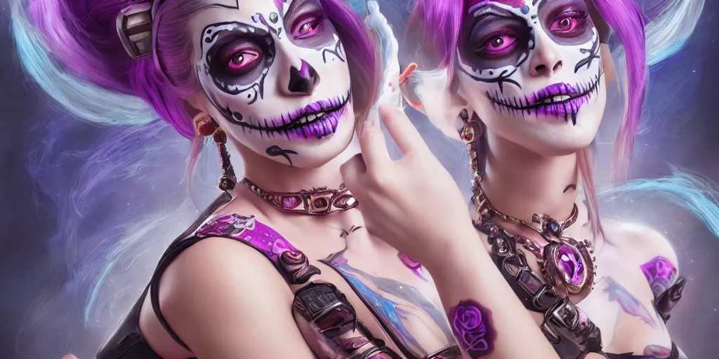 Prompt: uhd portrait photography mirror of jinx from league of legends with her face painted as in the dia de los muertos, coherent portraits, mmorpg fantasy, intricate, elegant, highly detailed, digital painting, trending on artstation, hdr photo, smooth, sharp focus, illustration, art by artgerm and greg rutkowski and alphonse mucha