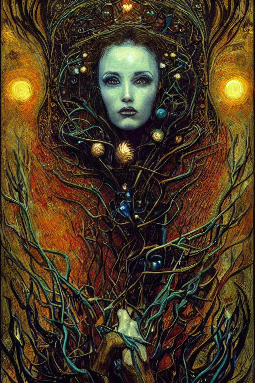 Prompt: Heart of Thorns by Karol Bak, Jean Deville, Gustav Klimt, and Vincent Van Gogh, Surreality, otherworldly, enigma, Helliquary, fractal structures, celestial, arcane, ornate gilded medieval icon, third eye, spirals, rich deep moody colors