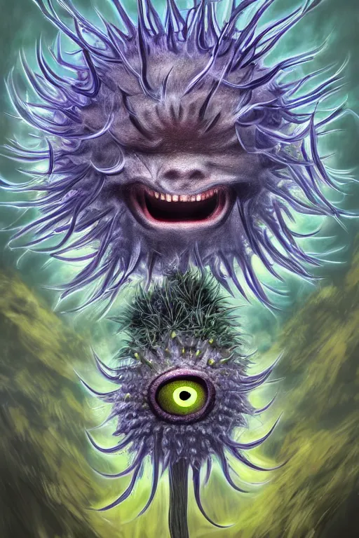 Image similar to a humanoid figure thistle dandelion monster with eyes, radiation glow, highly detailed, digital art, sharp focus, trending on art station, artichoke, anime art style