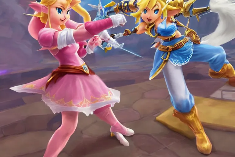 Image similar to Link fighting princess Peach in a super smash bros ultimate battle , made by Stanley Artgerm Lau, WLOP, Rossdraws, ArtStation, CGSociety, concept art, cgsociety, octane render, trending on artstation, artstationHD, artstationHQ, unreal engine, 4k, 8k,