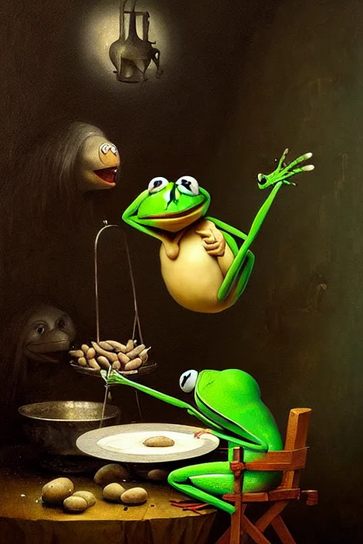Prompt: hieronymus bosch, greg rutkowski, anna podedworna, painting of kermit the frog eating beans