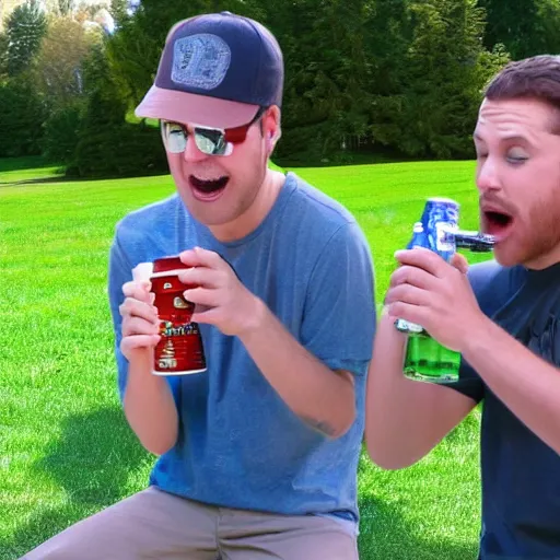 Image similar to nelk boys shotgunning a beer in real life, 8 k, 4 k uhd, realistic, hyper realistic, super detailed, very detailed, detailed