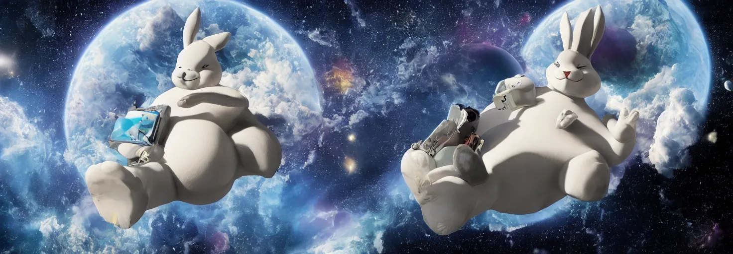 Prompt: photo of big chungus floating in space