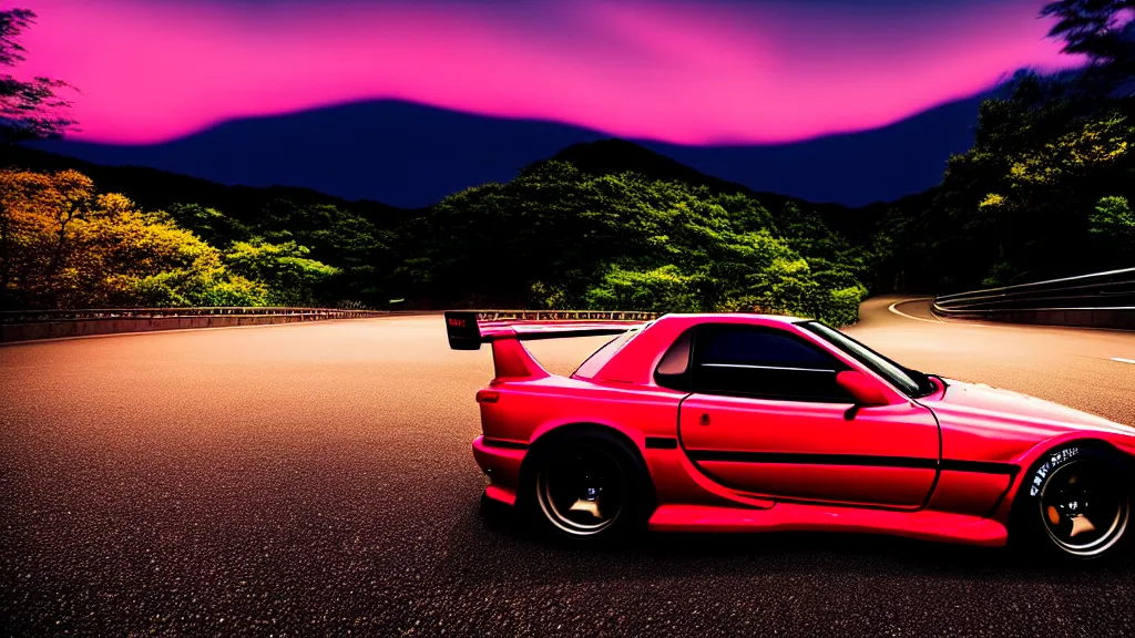 Image similar to a car drift spec mazda fc3s rx7 in middle of road, gunma prefecture, city sunset night, cinematic color, photorealistic, highly detailed