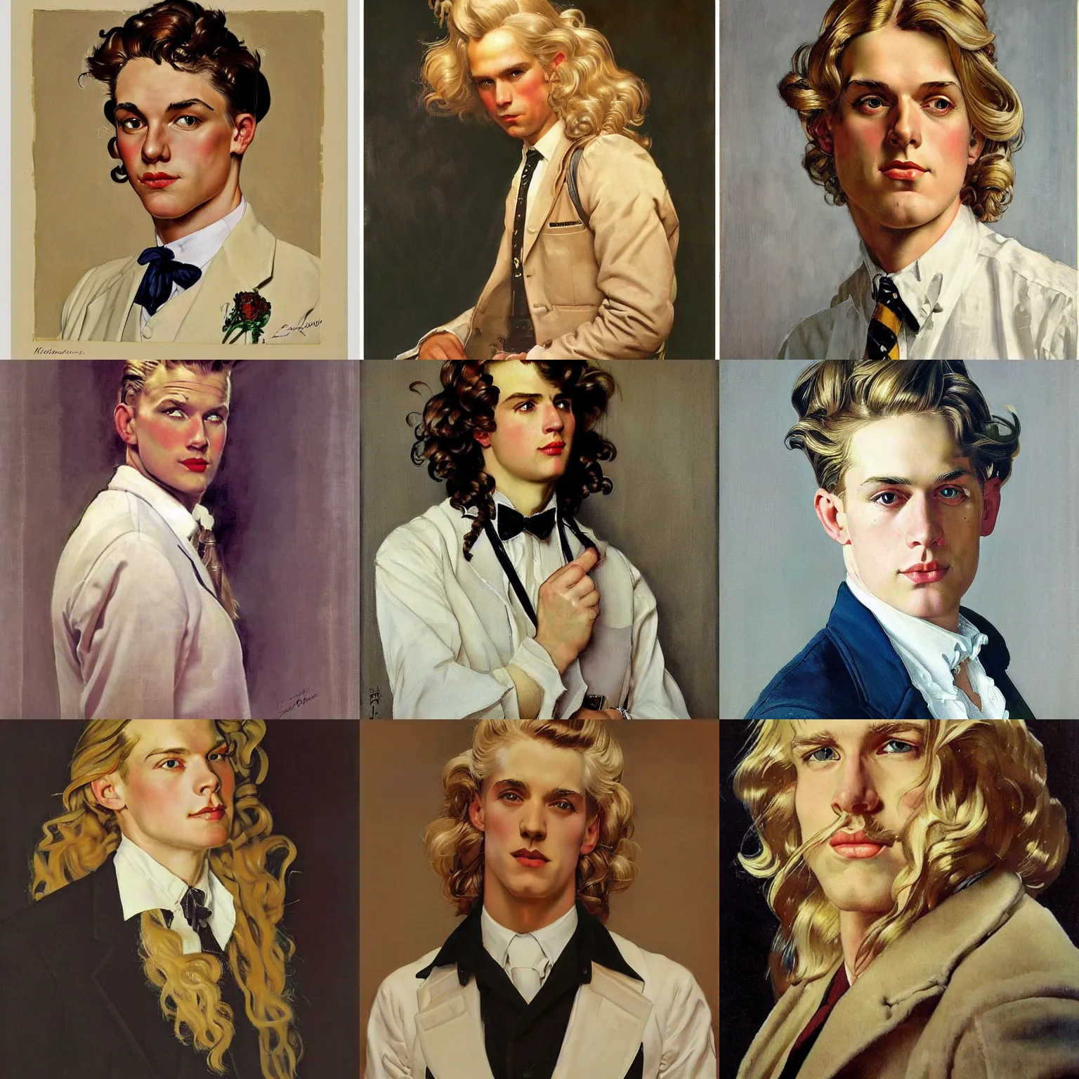 Prompt: Painting of Dominik Sadoch with long fluffy curly blond hair. By J.C Leyendecker and Norman Rockwell. Androgynous clean shaven scandinavian white man. very very very blond curly hair. golden platinum blond hair. Pale and pretty.