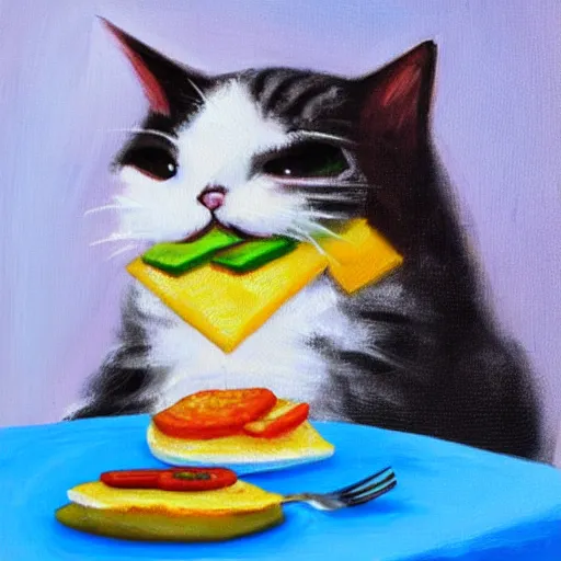 Prompt: A cute cat eating a Venezuelan arepa in the sun, detailed oil painting 4k