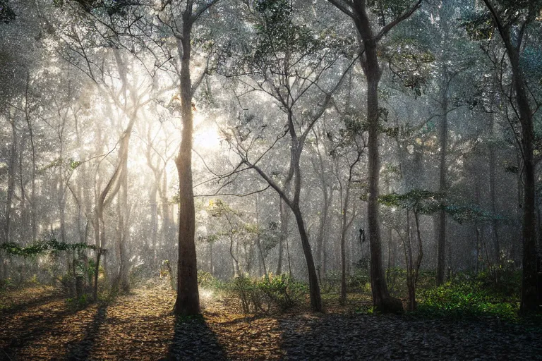 Prompt: portrait of crepe myrtle trees in a forest during a blizzard. golden hour. shadow and light. rays of light. energetic, dynamic, lively, detailed, intricate, complex. fine art by hayao miyazaki, akira toriyama, makoto shinkai, and ohara koson. studio lighting. tilt and shift lens. bokeh.