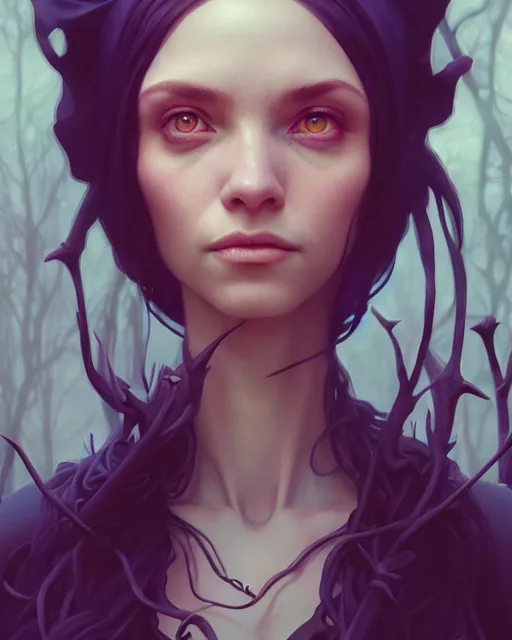 Image similar to highly detailed vfx portrait of a witch, unreal engine, greg rutkowski, loish, rhads, beeple, makoto shinkai and lois van baarle, ilya kuvshinov, rossdraws, tom bagshaw, alphonse mucha, global illumination, detailed and intricate environment