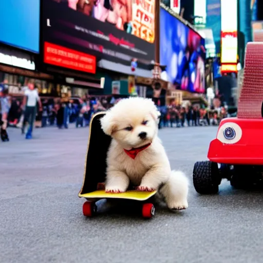 Prompt: a teddy puppy on a skateboard in times square