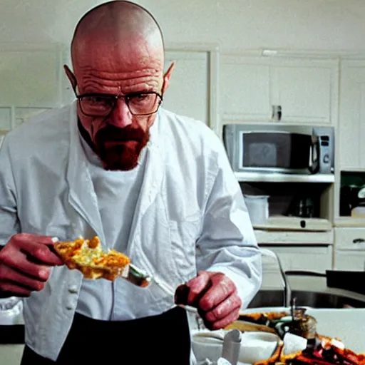 Prompt: walter white cooks a tiny mosquito, exotic cuisine