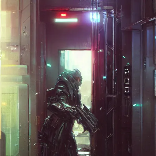 Image similar to door, entrance, cyberpunk city, painted by raymond swanland, painted by greg rutkowski, painted by jeremy mann, painted by igor kieryluk, trending on artstation