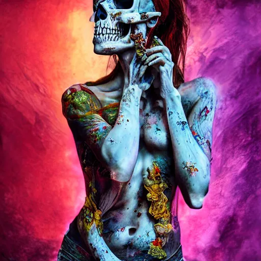 Image similar to full body pose, hyperrealistic mixed media painting of beautiful skull woman, dim volumetric lighting, 8 k, octane beautifully detailed render, extremely hyper detailed, intricate, epic composition, cinematic lighting, masterpiece, trending on artstation, very very detailed, masterpiece, stunning, hdr, smooth, sharp focus, high resolution, award, winning photo, dslr, 5 0 mm