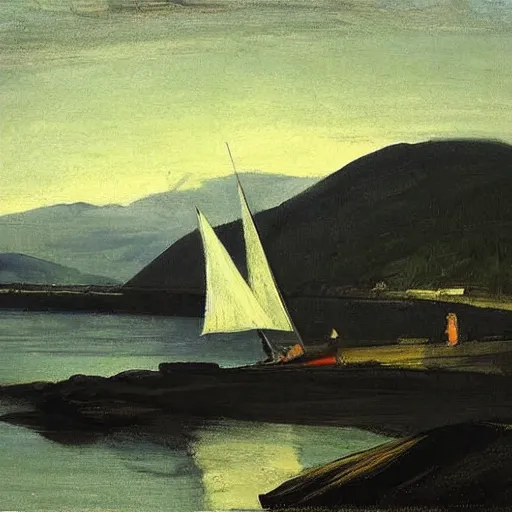 Image similar to “ a sailboat on the hudson river, mount beacon in the background, hudson river school, by george bellows ”