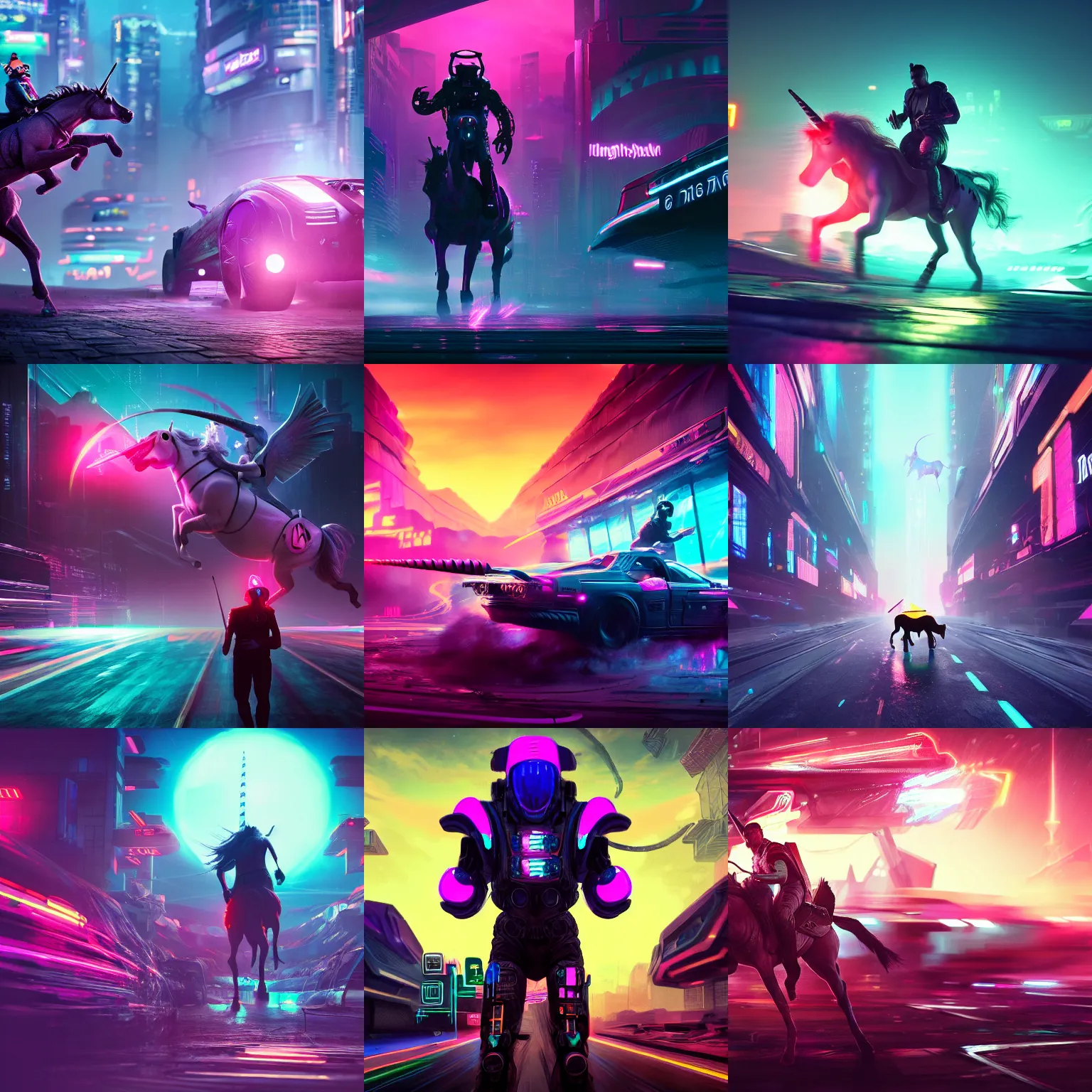 Prompt: photo of a man racing a unicorn on an alien cyberpunk neon planet, cinematic, atmospheric, 8k, trending on artstation