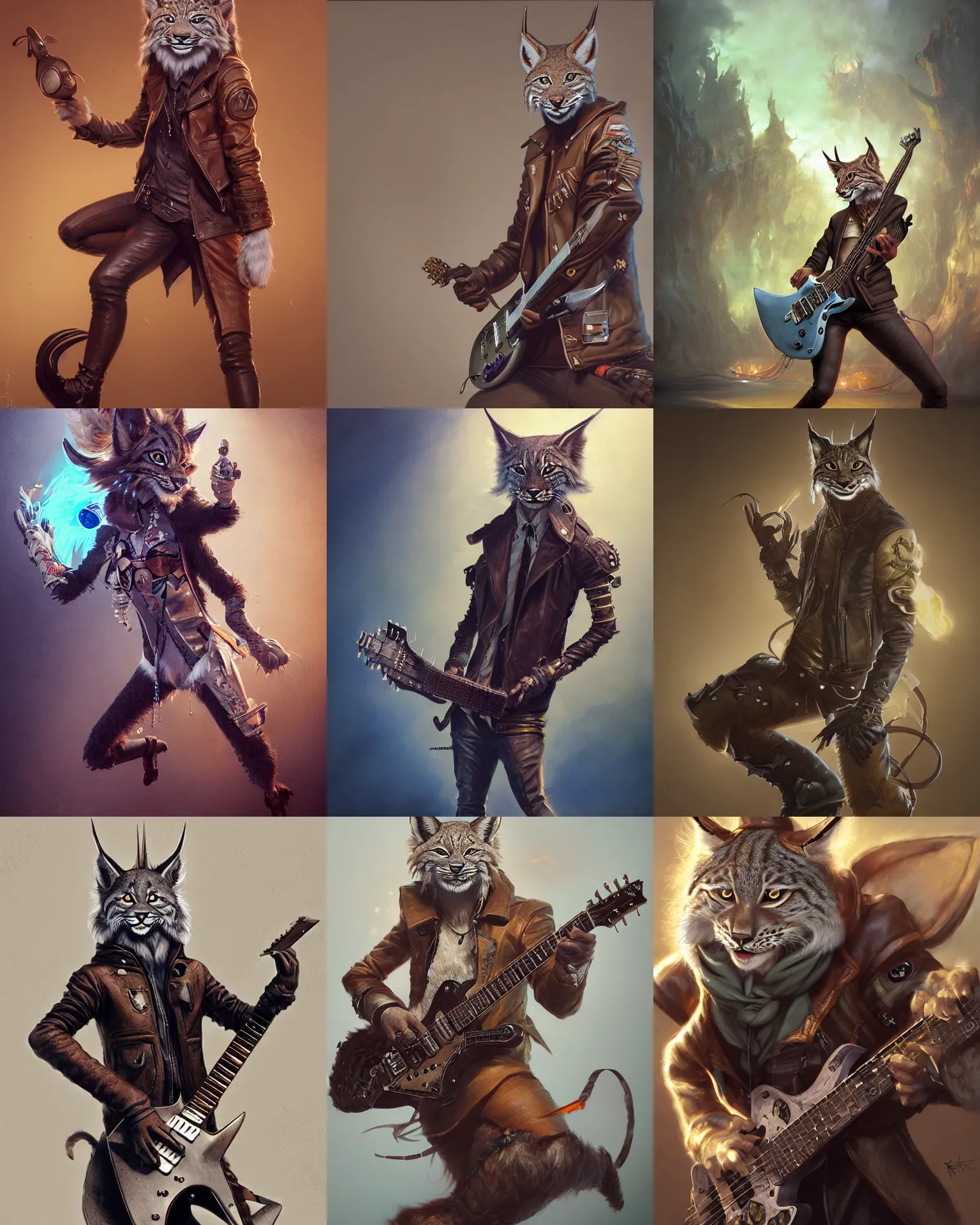 Prompt: an anthropomorphic lynx in a leather jacket playing an electric guitar, fursona, 3 d render, hyper - realistic detailed portrait, fantasy, magic the gathering, hyper detailed, octane render, concept art, peter mohrbacher, ruan jia, wlop