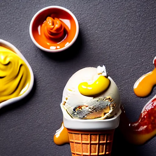 Image similar to commercial photo of a sausage ice cream, mustard, ketchup,