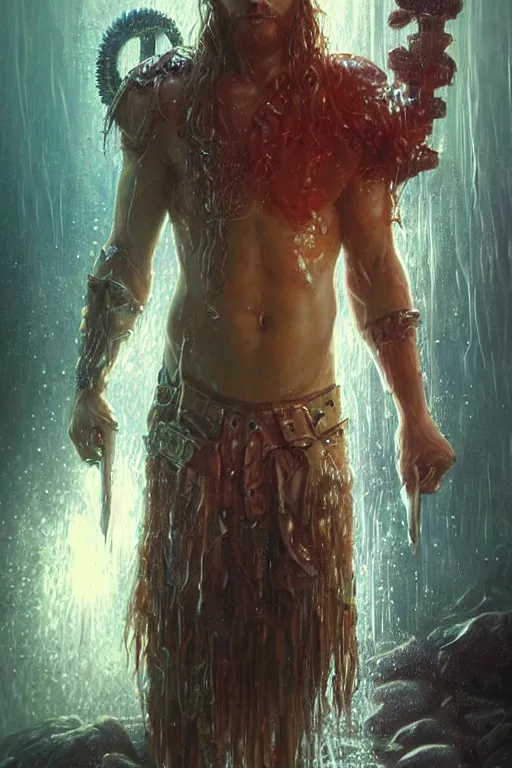 Prompt: portrait of a young handsome cyberpunk viking man wearing a warrior armor, drenched body, wet dripping hair, emerging from the water, fantasy, regal, fractal crystal, fractal gems, by stanley artgerm lau, greg rutkowski, thomas kindkade, alphonse mucha, loish, norman rockwell.