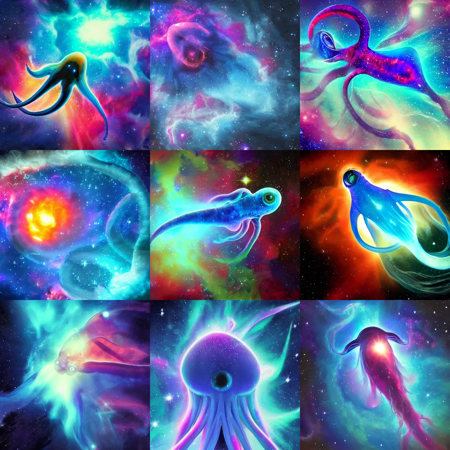 Prompt: a giant glowing blue squid with big eyes is swimming through the beautiful nebula in space. award winning digital art. detailed, colourful.