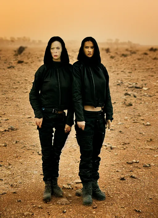 Image similar to cinestill 5 0 d photographic portrait of two loving clones, beautiful women wearing rugged black techwear on a desolate plain with a red sky, extreme closeup, lizard on ground, cyberpunk style, in front of a brutalist dark metal facility, dust storm, 3 5 mm, 8 k, f / 3 2, high resolution, ultra realistic faces