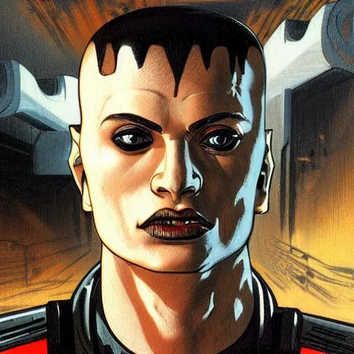 Image similar to portrait of rubbery, gaunt albino mutant with moist skin, sharp features, large lips, huge black eyes and determined expression, wearing fascist Byzantine police uniform and standing on cyberpunk docks, Dune concept art by Anato Finnstark, Alphonse Mucha, and Greg Rutkowski