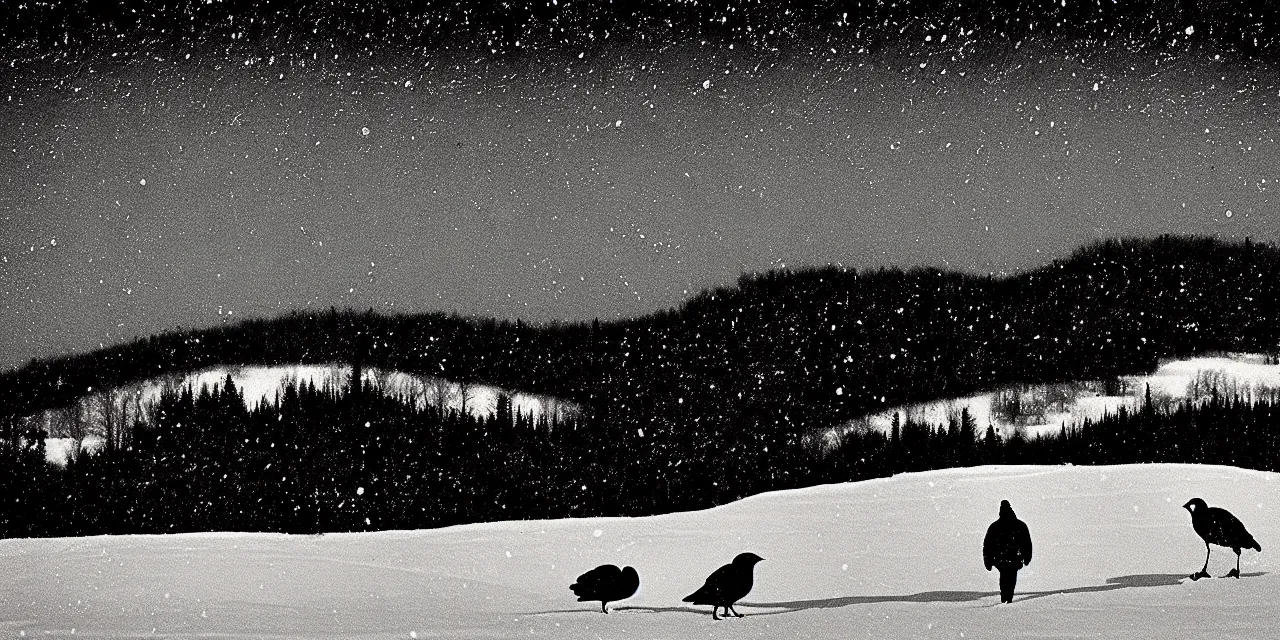 Prompt: laurentian appalachian mountains in winter, unique, original and creative black ink landscape, surrealist artwork, wide angle, snowy night, distant town lights, aurora borealis, deers and ravens, lonely human walking, footsteps in the snow, fascinating textures, outstanding composition