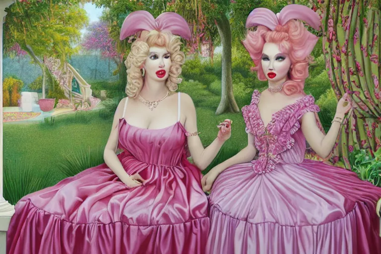 Image similar to Angelyne and martina bigg share stories on the veranda, painted by mark ryden