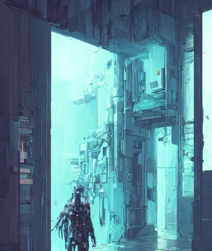 Prompt: a door at the end of a long dark staircase and corridor by beeple and kim jung gi, cyberpunk, trending on artstation