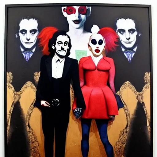 Image similar to richard hamilton and mimmo rottela and banksy as joaquin phoenix skinny joker holding hand lady gaga harley queen, ultra photorealistic, intricate details, pop art style, baroque, baroque, balance composition, concept art, ultrarealistic, 3 colors, smooth, sharp focus