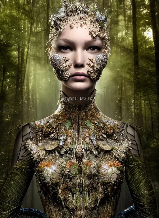 Prompt: a beautiful hyperrealistic ultradetailed 3D, one girl in a magnificent McQueen couture clothes on the background of a futuristic forest, long hair,face mask jewelry, Designer clothes, futuristic clothes, clothes from the future, biopunk, voge photo, fashion style, fullbody, in full growth, photorealistic, high resolution, trending on artstation, highly detailed, volumetric lighting, elegant, details, good clear quality, volumetric lighting, Tree roots, portrait, moss