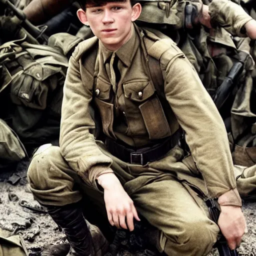 Prompt: tom holland as a british ww 2 soldier during the battle of dunkirk, highly detailed, cinematic lighting, photorealistic
