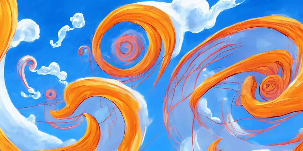 Image similar to cartoon concept art, clean blue sky, spiral clouds, from lorax movie