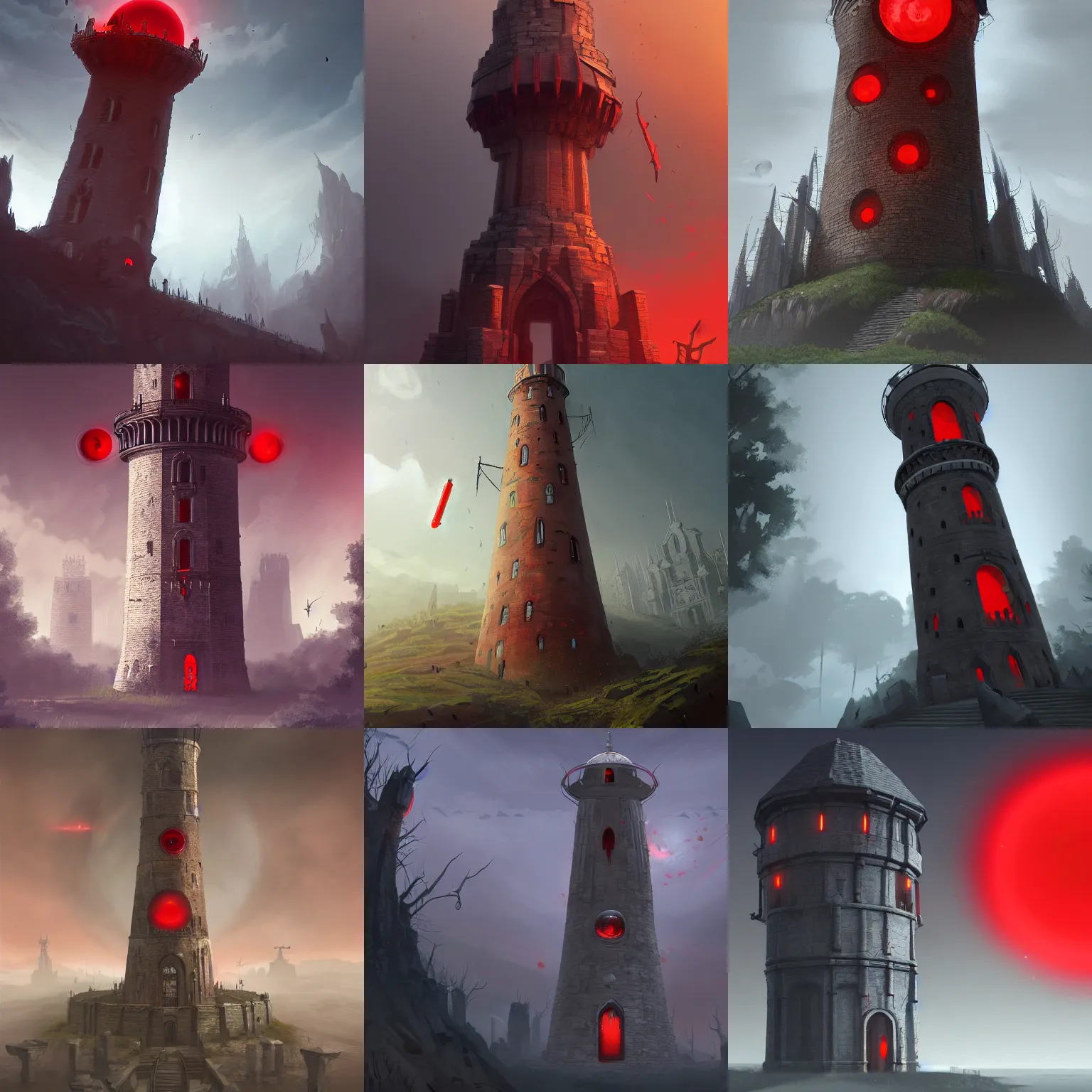 Prompt: high round tower with a huge red evil eye floating at the top, artstation award winner