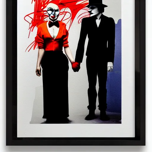 Image similar to edward hopper and mimmo rottela and banksy as joaquin phoenix skinny joker holding hand lady gaga harley queen, medium shot, ultra photorealistic, extreme realistic, intricate details, pop art style, concept art, confident, love, random object movement, 3 colours, warm color, 4 k, ultra smooth, sharp focus