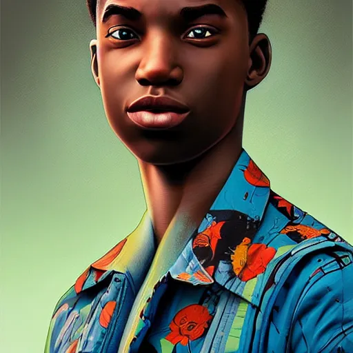 Image similar to Stockholm city portrait, black boy, Pixar style, by Tristan Eaton Stanley Artgerm and Tom Bagshaw.