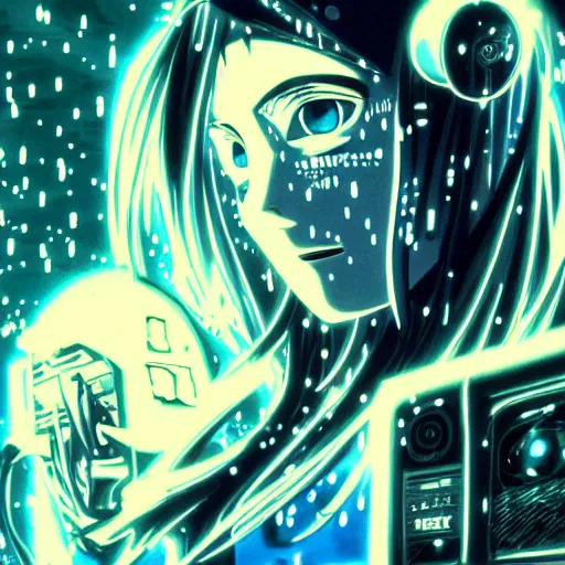 Image similar to anime drawing of a cyborg with long hair crying next to a crt tv with white noise playing, water particles floating in the air, finely detailed facial features, weathered drawing, film grain, bright neon lighting, painted art by satoshi kon, katsuhiro otomo