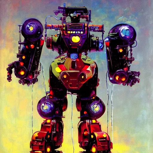 Prompt: a dark and colorful close - up of a sci - fi mecha lion robot with led lights glowing fog in the background. highly detailed science fiction painting by norman rockwell, frank frazetta, and syd mead. rich colors, high contrast, gloomy atmosphere, dark background. trending on artstation