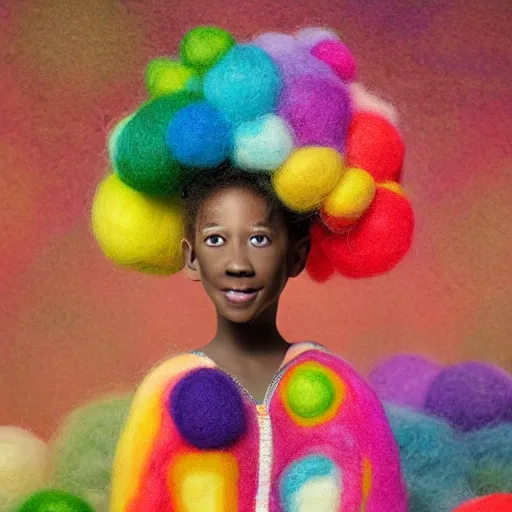 Image similar to a black girl with a colorful afro and rainbow eyes, in a candy forest! at night, bokeh, bright colours, watercolor, volumetric wool felting, macro photography, children illustration, by goro fujita