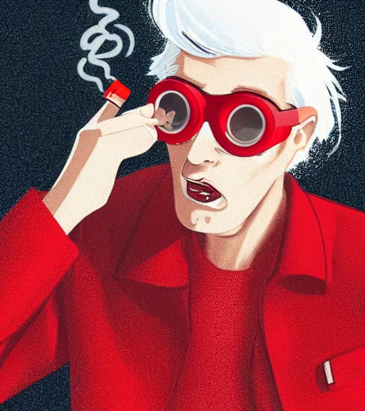 Image similar to young man in red jacket and white shirt, white hair, round goggles, smoking cigarette, character portrait, sharp focus, illustration, high detailed